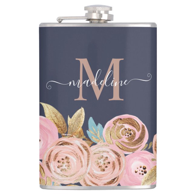 Monogram Pink Glitter Girly Glam Floral Glitter  Hip Flask (Front)