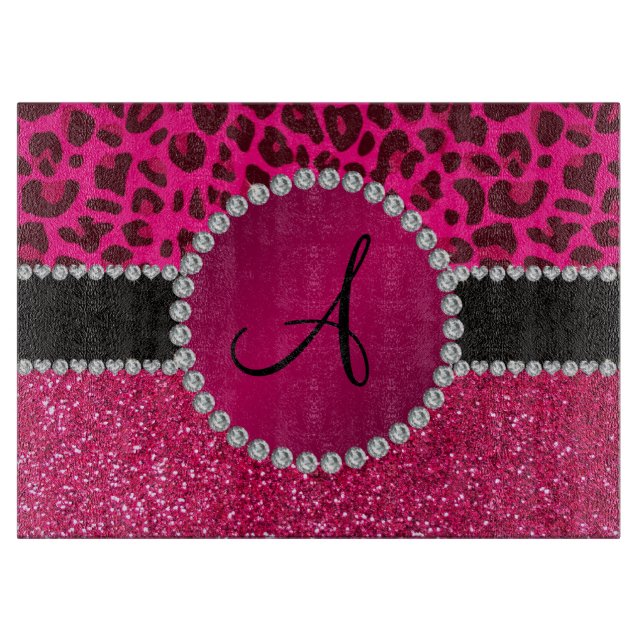 Monogram pink glitter neon hot pink leopard cutting board (Front)