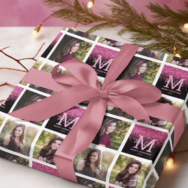 Monogram Pink Glitter Photo Christmas Wrapping Paper (Creator Uploaded)