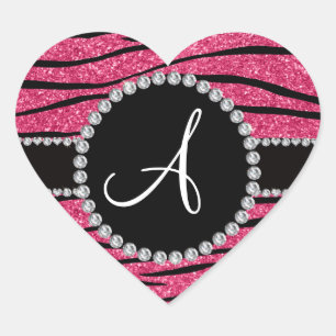Monogram pink glitter zebra stripes circle heart sticker