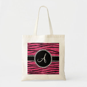 Monogram pink glitter zebra stripes circle tote bag