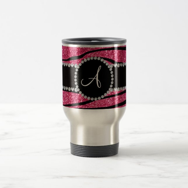 Monogram pink glitter zebra stripes circle travel mug (Center)