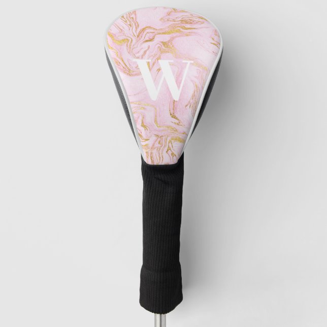 Monogram Pink Gold Glitter Marble  Golf Head Cover (Front)