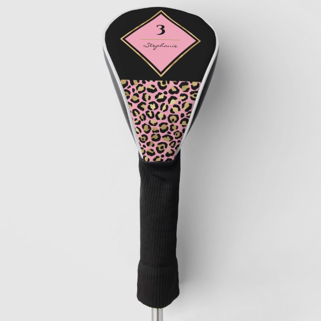 Monogram  Pink & Gold Leopard Print | Colour Block Golf Head Cover (Front)