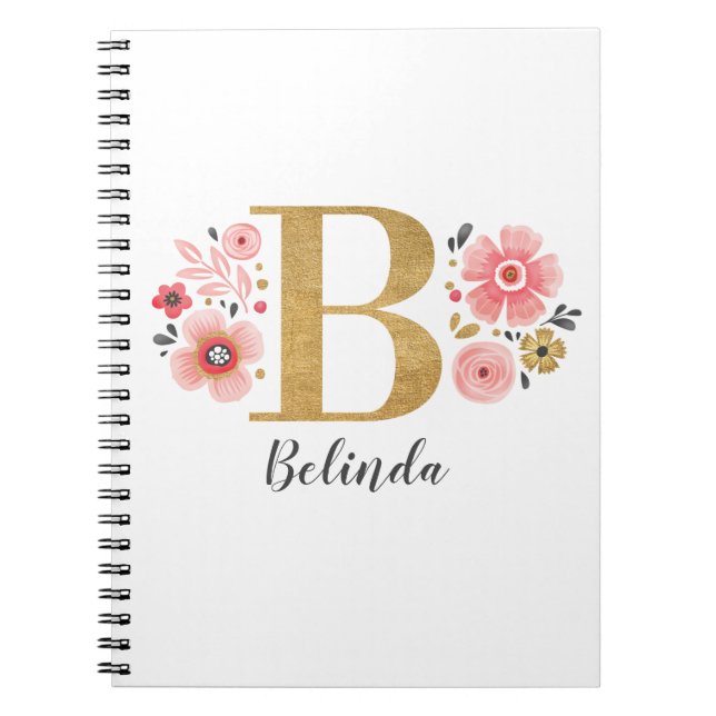 Monogram Pink Gold Letter B Initial Floral Notebook (Front)