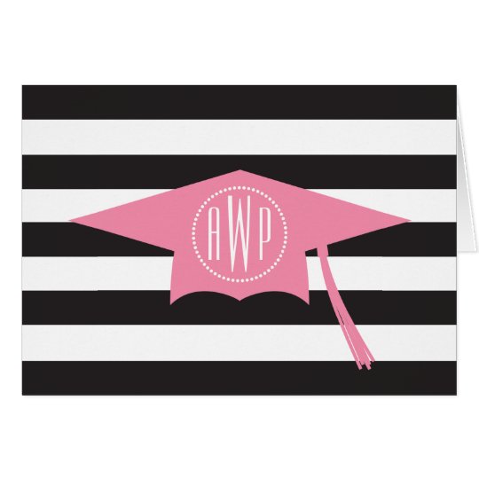 Monogram Pink Graduation Cap + Black Stripes Card