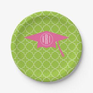 Monogram Pink Graduation Cap + Green Quatrefoil Paper Plate