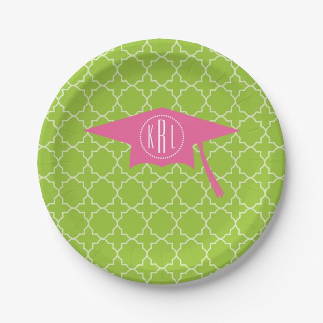 Monogram Pink Graduation Cap + Green Quatrefoil Paper Plate (Front)
