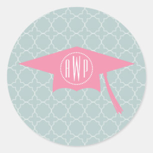 Monogram Pink Graduation Hat + Quatrefoil Classic Round Sticker