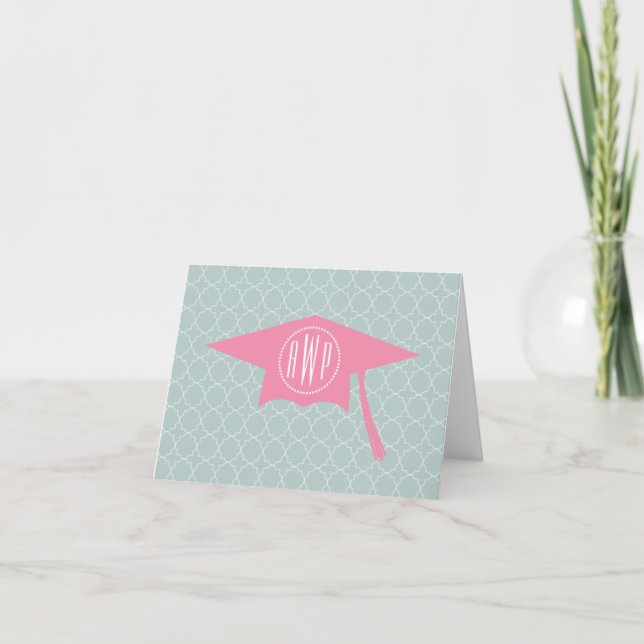 Monogram Pink Graduation Hat + Quatrefoil Note Card (Front)