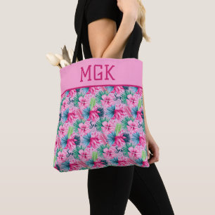 Monogram Pink Green Blue Floral Bright Tropical Tote Bag