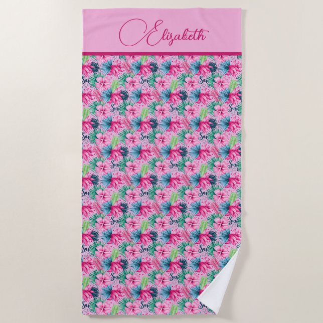 Monogram Pink Green Blue Tropical Flowers  Beach Towel (Front)