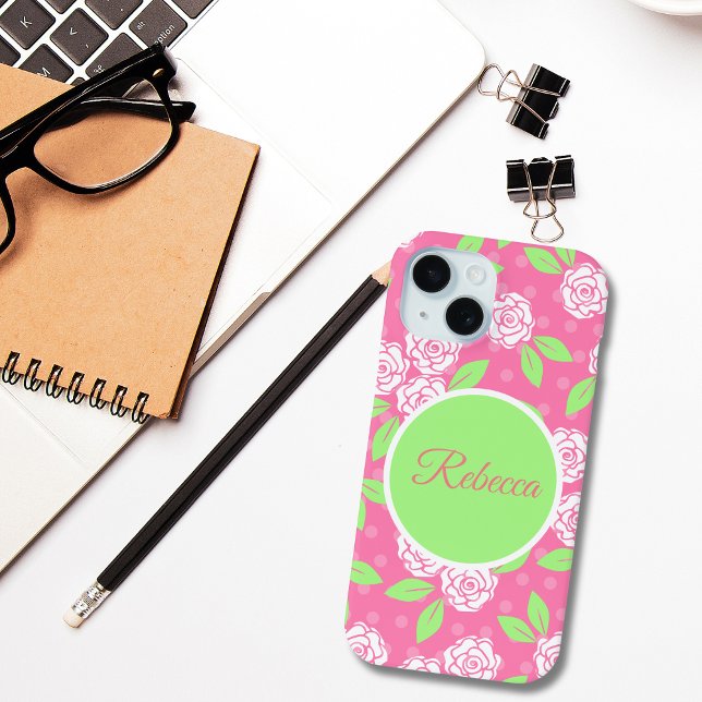 Monogram Pink Green Floral Trendy Chic Case-Mate iPhone Case (Monogram Name Pink Green Floral Shabby Chic iPhone Case)