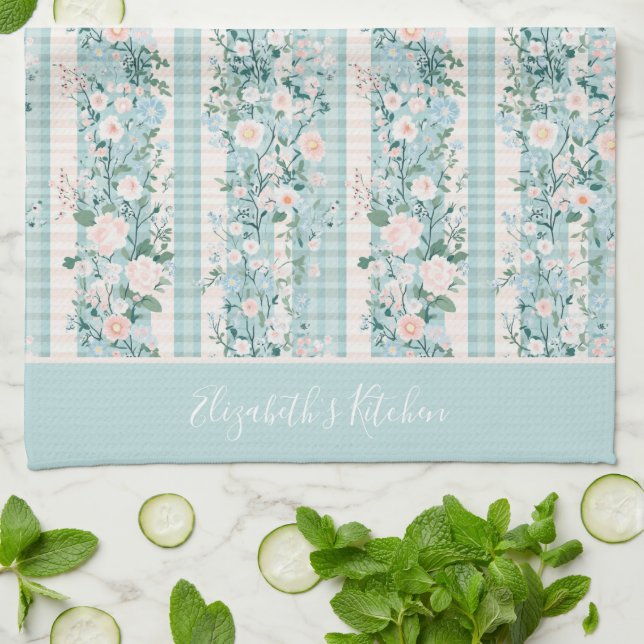 Monogram Pink Green Pastel Floral Gingham Stripes Tea Towel (Folded)
