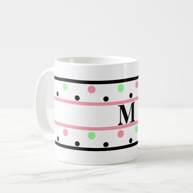 Monogram Pink Green Polka Dots Coffee Mug (Front Left)