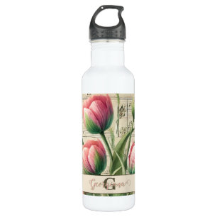 Monogram Pink & Green Vintage Tulips Sheet Music 710 Ml Water Bottle