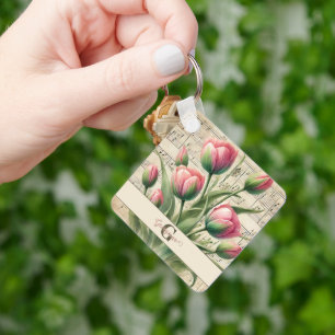 Monogram Pink & Green Vintage Tulips Sheet Music Key Ring