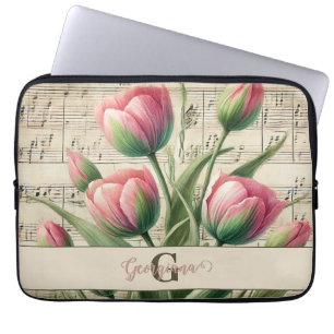 Monogram Pink & Green Vintage Tulips Sheet Music Laptop Sleeve