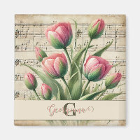 Monogram Pink & Green Vintage Tulips Sheet Music