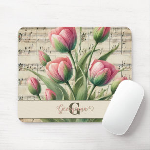 Monogram Pink & Green Vintage Tulips Sheet Music Mouse Mat