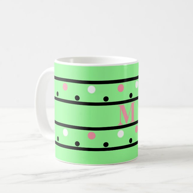 Monogram Pink Green White Polka Dots Coffee Mug (Front Left)