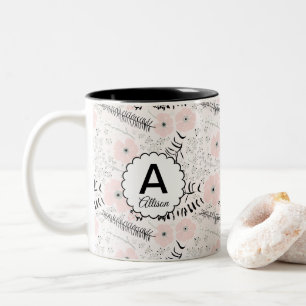 Monogram Pink Grey Floral Pattern Two-Tone Coffee Mug