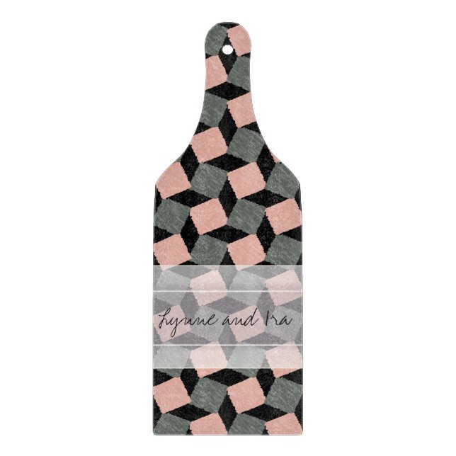 Monogram Pink Grey Geometric Ikat Square Pattern Cutting Board (Front)