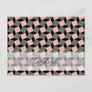 Monogram Pink Grey Geometric Ikat Square Pattern Postcard