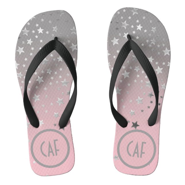 Monogram Pink Grey Stars Ombre Stylish Chic Trendy Flip Flops (Footbed)