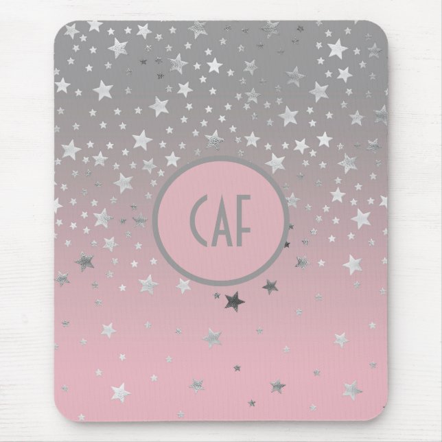 Monogram Pink Grey Stars Ombre Trendy Chic Mouse Mat (Front)
