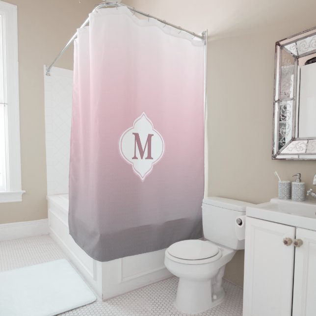 Monogram Pink Grey White Ombre Shower Curtain (In Situ)