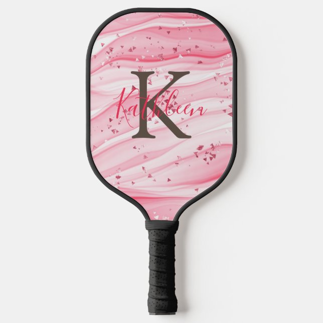 Monogram Pink Grey White Sparkle Glitter Swirl  Pickleball Paddle (Front)