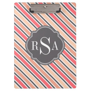 Monogram Pink Grey White Stripe Pattern Clipboard