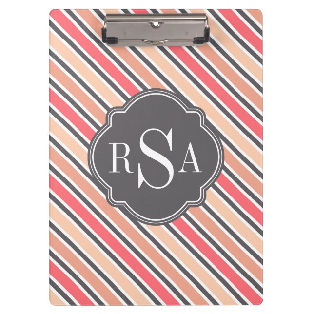 Monogram Pink Grey White Stripe Pattern Clipboard (Front)