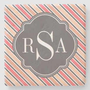 Monogram Pink Grey White Stripe Pattern Stone Coaster