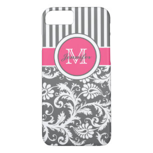 Monogram Pink Grey White Striped Damask iPhone 8/7 Case