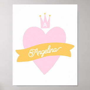 Monogram Pink Heart Crown Name Girly Princess Poster