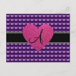 Monogram pink heart purple butterflies postcard