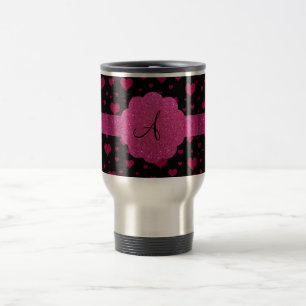Monogram pink hearts glitter travel mug
