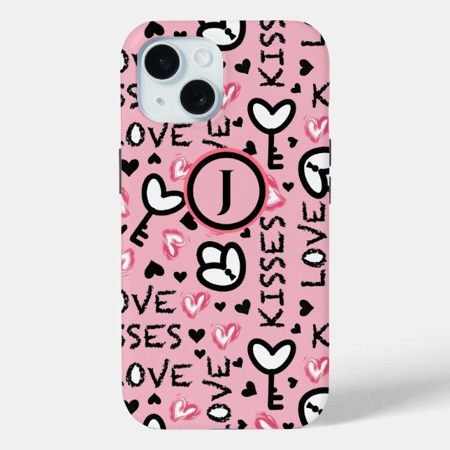 Monogram Pink Hearts Love Kisses Valentines Day Case-Mate iPhone Case (Back)