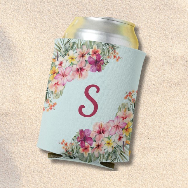 Monogram Pink Hibiscus Flowers Tropical Floral Can Cooler (Close up)