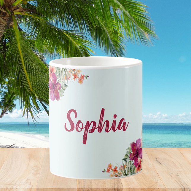Monogram Pink  Hibiscus Flowers Tropical Floral  Coffee Mug (In situ)
