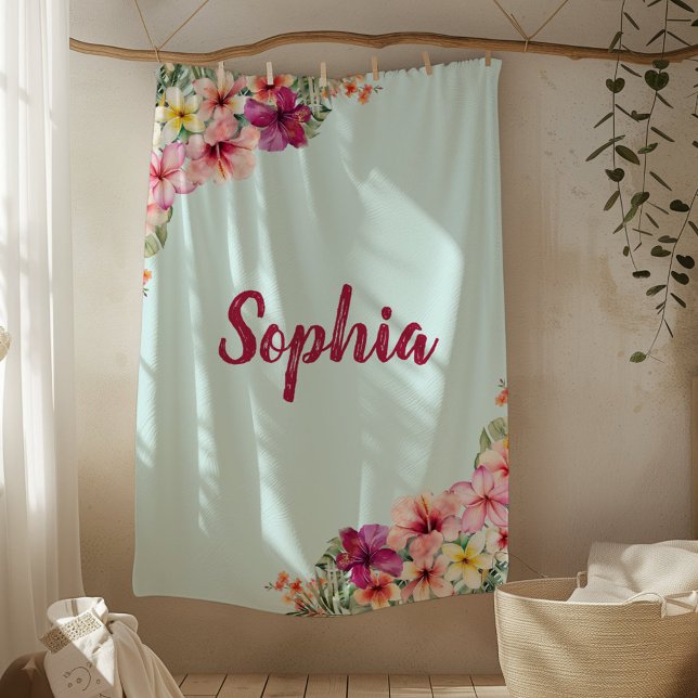 Monogram Pink Hibiscus Flowers Tropical Floral Fleece Blanket (In situ)