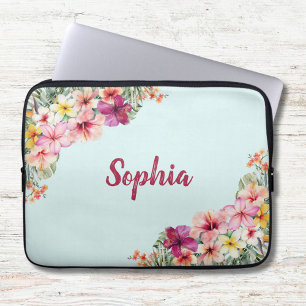 Monogram Pink Hibiscus Flowers Tropical Floral Laptop Sleeve
