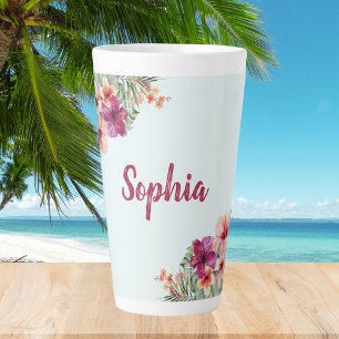 Monogram Pink  Hibiscus Flowers Tropical Floral  Latte Mug