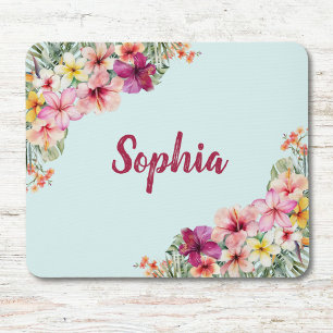 Monogram Pink Hibiscus Flowers Tropical Floral Mouse Mat
