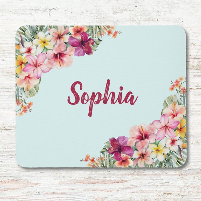 Monogram Pink Hibiscus Flowers Tropical Floral Mouse Mat (Close up)