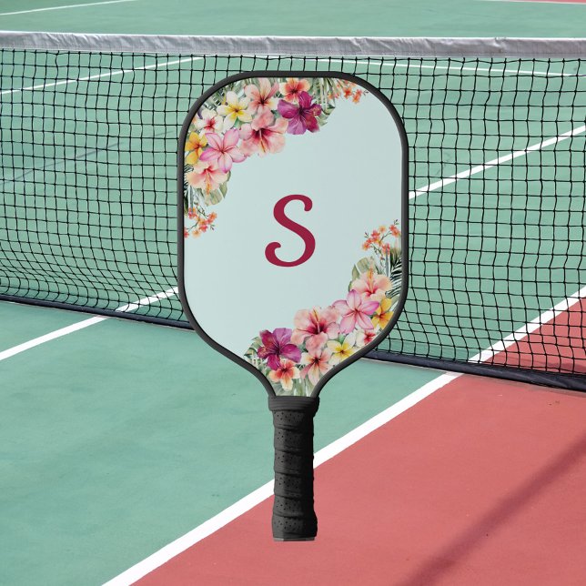 Monogram Pink Hibiscus Flowers Tropical Floral Pickleball Paddle (In situ)