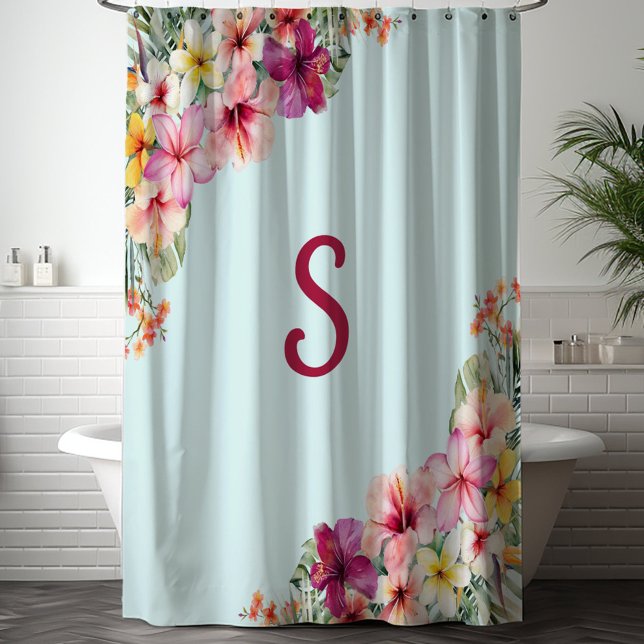 Monogram Pink Hibiscus Flowers Tropical Floral Shower Curtain (In situ)