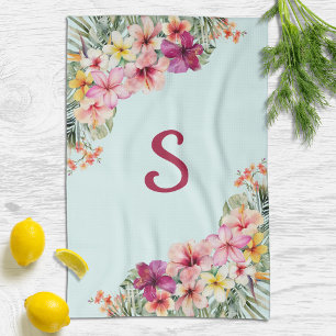 Monogram Pink Hibiscus Flowers Tropical Floral Tea Towel